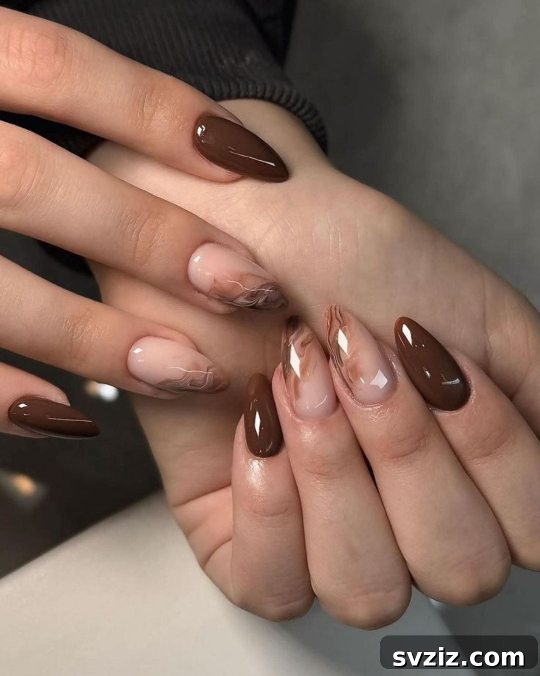 Deep Chocolate and Nude Marbling Fall Nails