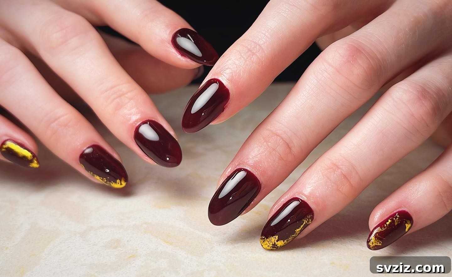Classy Wine Red with Gold Fall Nail Design