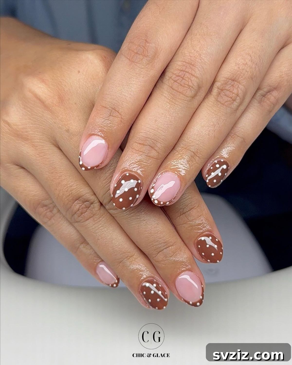 Soft and Simple Fall Manicure with Nude Pink and Brown Polka Dots