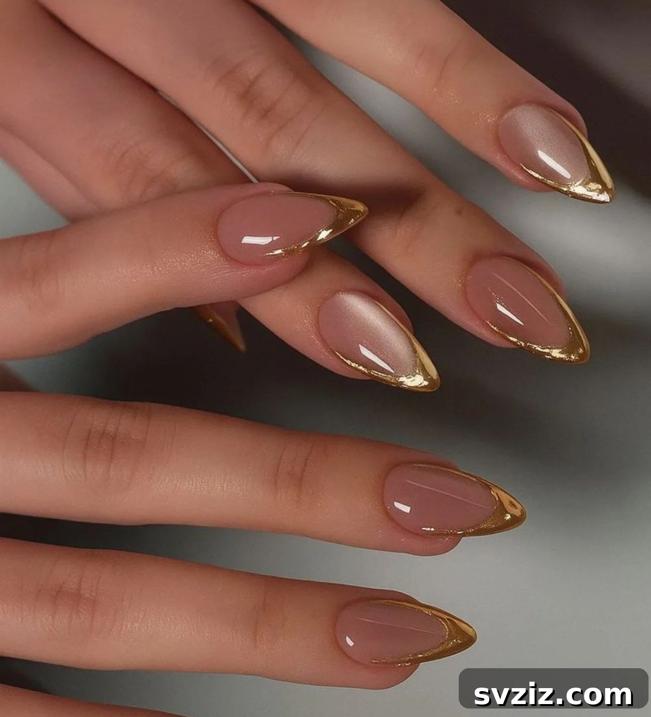 Elegant Gold Tips on Nude Fall Nails