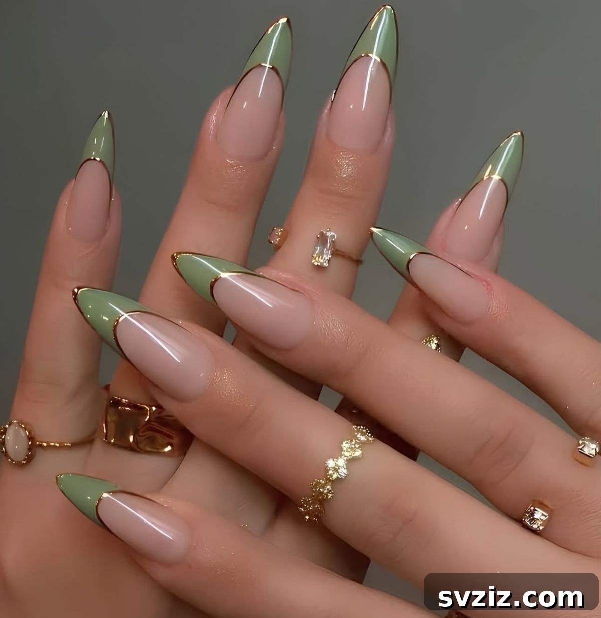Glitzy Green and Gold Fall Nail Design