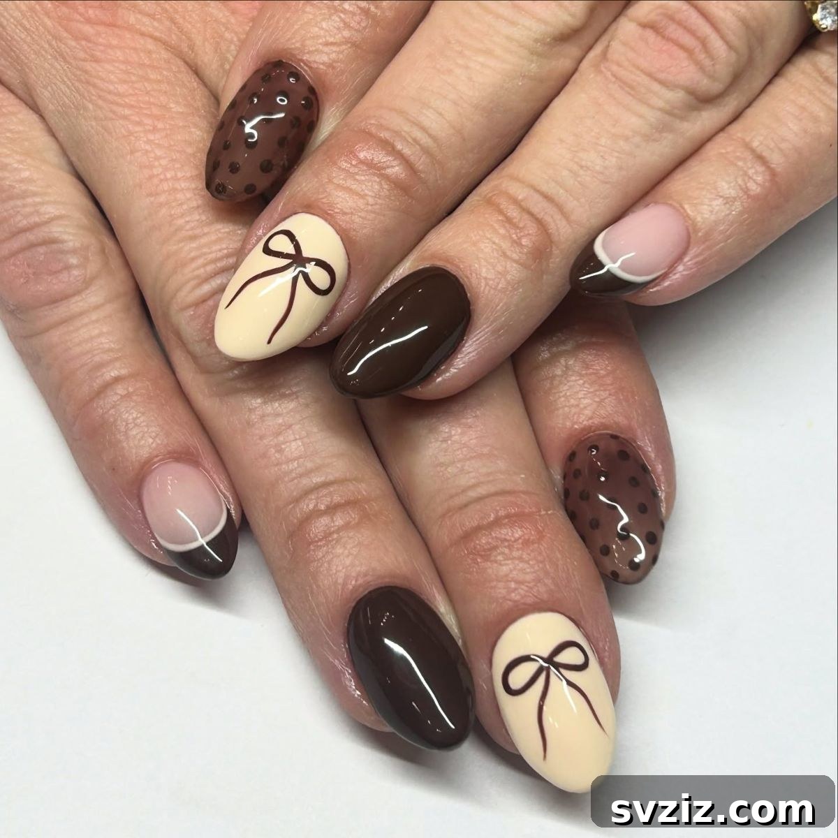 All About Brown Fall Nail Design with Bows and Polka Dots