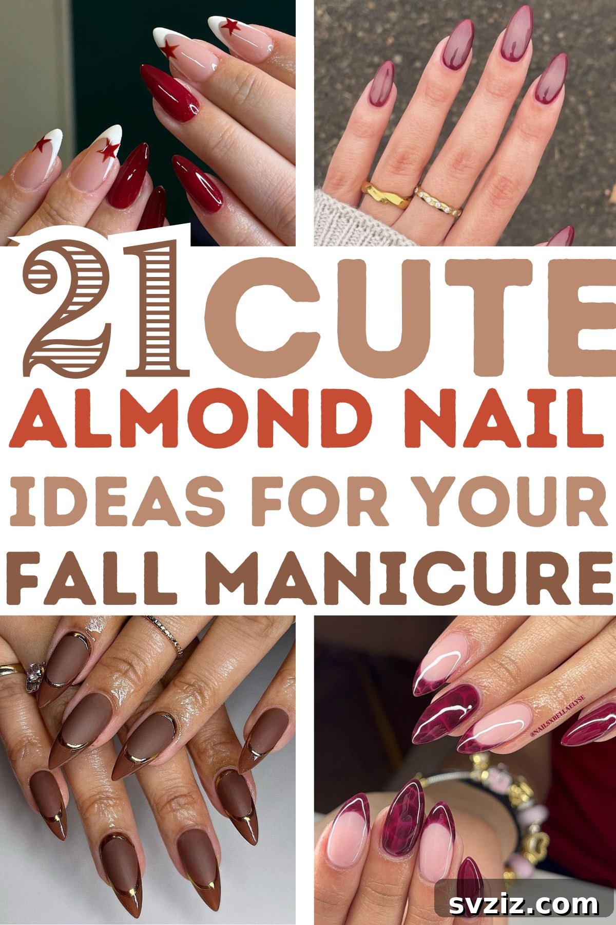 Chic Autumn Almond Nail Ideas 2 Stunning fall almond nail designs featuring rich autumn colors and elegant styles, perfect for the season