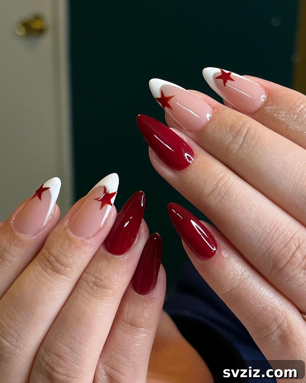 Chic Autumn Almond Nail Ideas 11 Bold red almond nails featuring whimsical star accents, a fun and stylish fall manicure idea