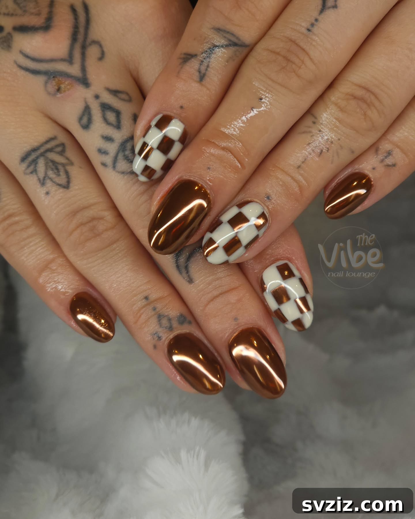 Get Festive Fingers: 21 Adorable Thanksgiving Nail Ideas 11 Glamorous Copper Plaid Thanksgiving Nail Design
