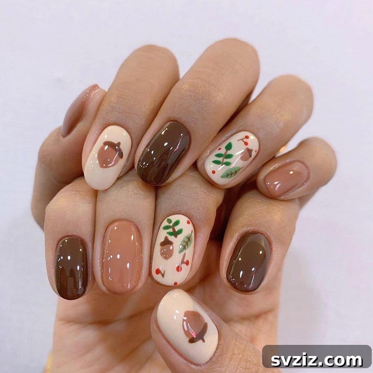 Get Festive Fingers: 21 Adorable Thanksgiving Nail Ideas 18 Acorns and Leaves Fall Nail Art for Thanksgiving