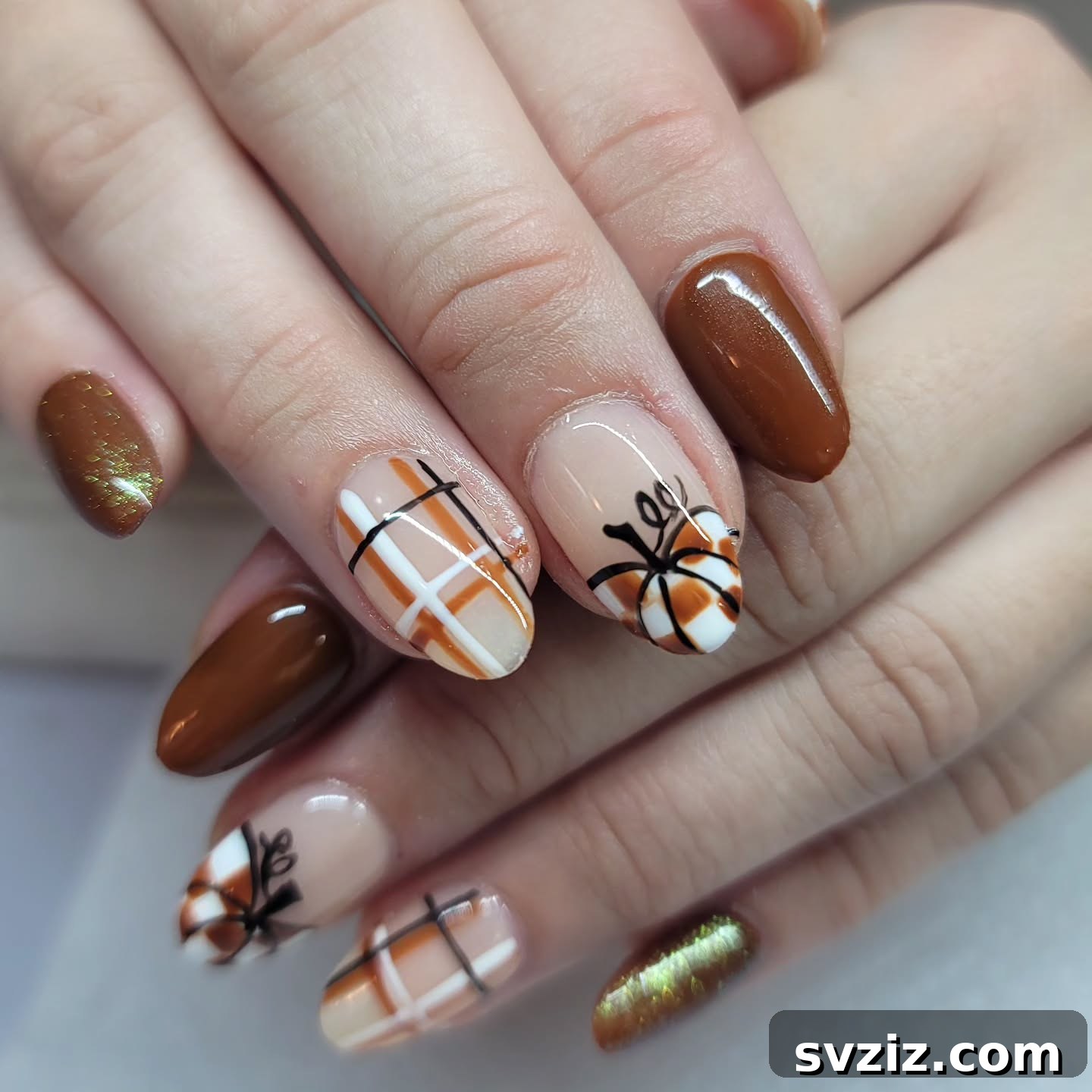 Get Festive Fingers: 21 Adorable Thanksgiving Nail Ideas 3 Thanksgiving Nail Design with Pumpkins, Plaid, and Brown