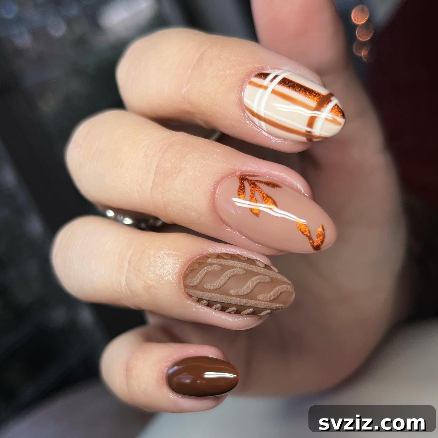 Get Festive Fingers: 21 Adorable Thanksgiving Nail Ideas 4 Cozy Plaid and Leaf Thanksgiving Manicure