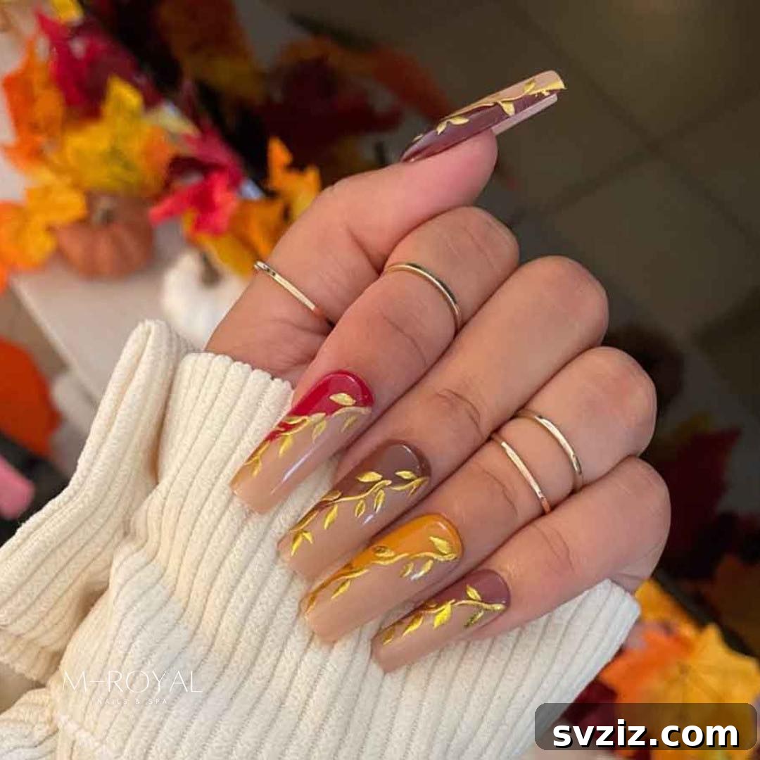 Get Festive Fingers: 21 Adorable Thanksgiving Nail Ideas 8 Glamorous Gold Leafy Nails for Thanksgiving