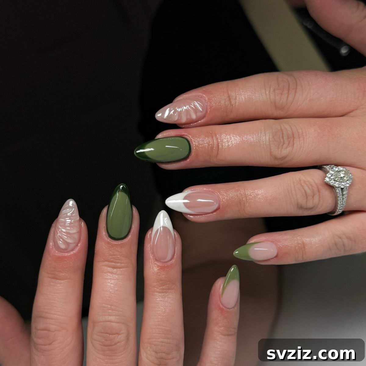 21 Exquisite Almond Nail Designs for Thanksgiving 13 11. Elegant Green Accent Almond Nails