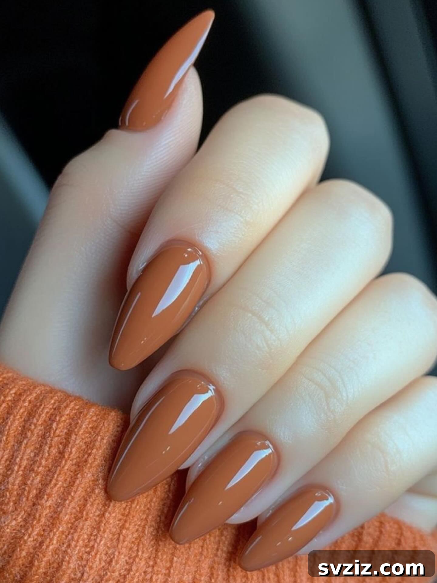 21 Exquisite Almond Nail Designs for Thanksgiving 14 12. Cozy Burnt Orange Almond Nails for Fall