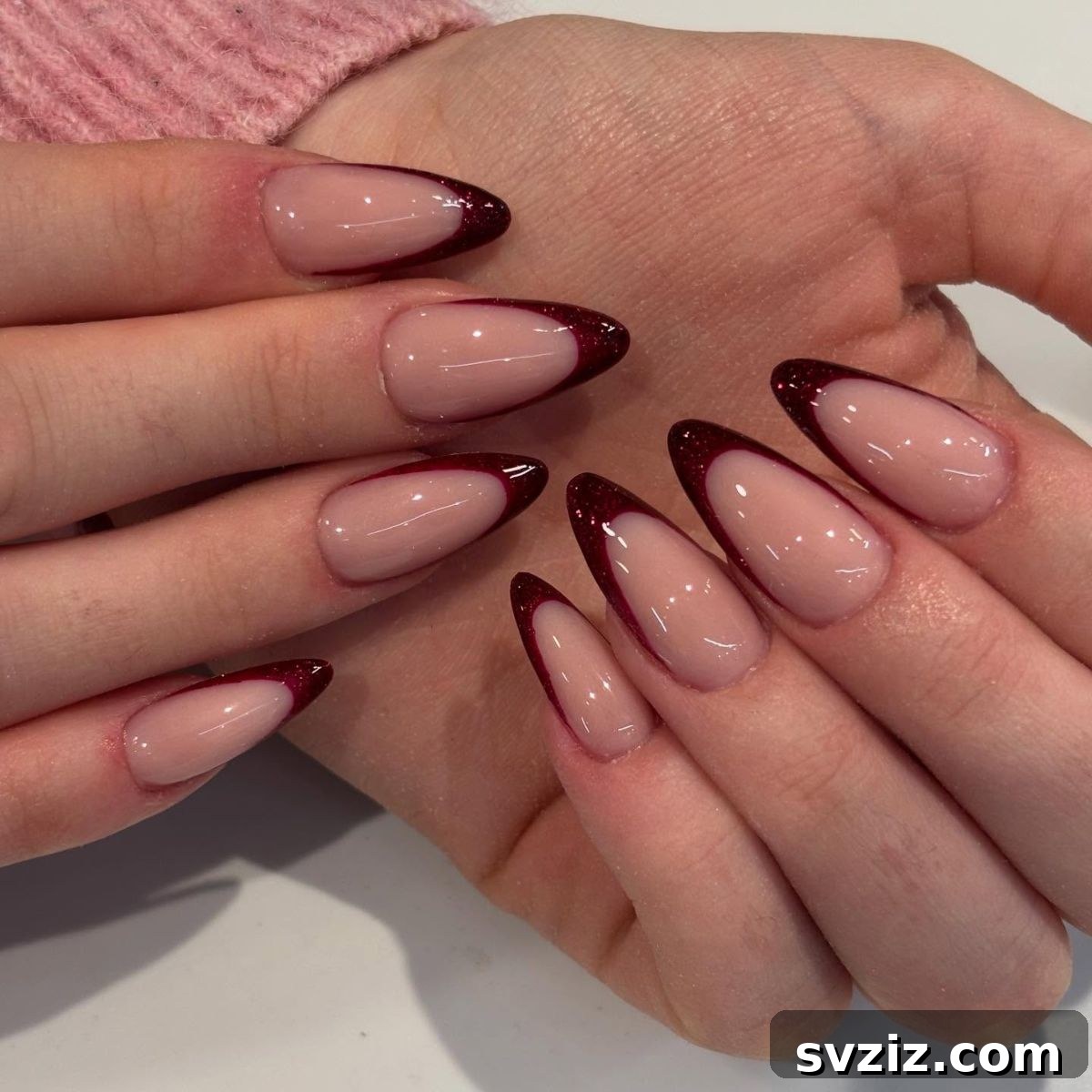 21 Exquisite Almond Nail Designs for Thanksgiving 16 14. Glittery Red French Tips on Almond Nails