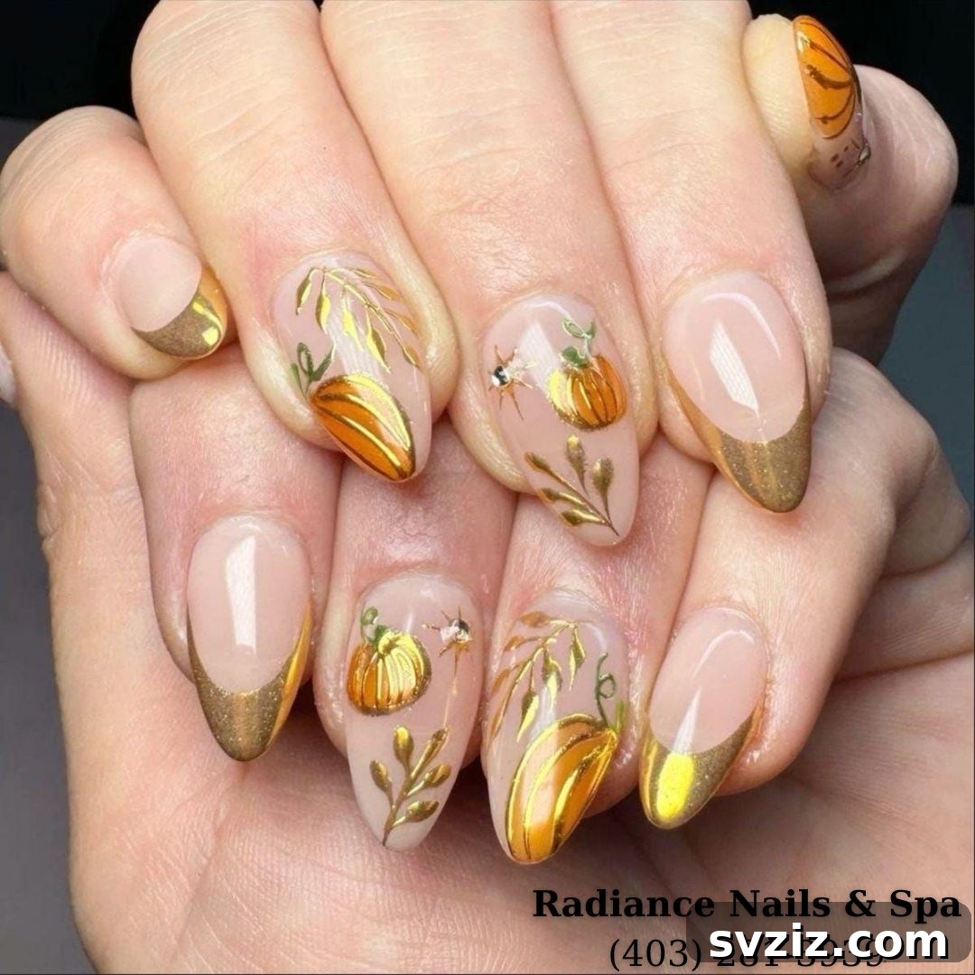 21 Exquisite Almond Nail Designs for Thanksgiving 17 15. Festive Gold Tips with Pumpkin Accents on Almond Nails