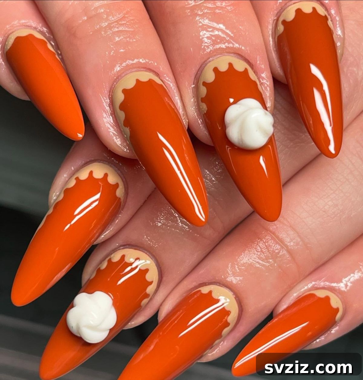 Stunning Thanksgiving Acrylic Nail Art for the Holiday Season 12 Creative Thanksgiving acrylic nails featuring scrumptious pie designs with whimsical whipped cream accents.