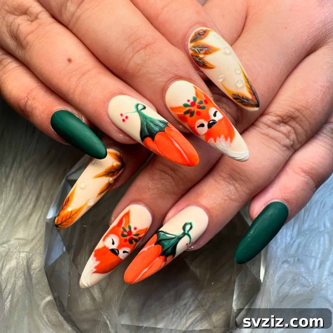 Stunning Thanksgiving Acrylic Nail Art for the Holiday Season 14 Variety-rich Thanksgiving acrylic nails featuring a cute fox, elegant leaves, eye-catching pumpkins, and a beautiful deep green.