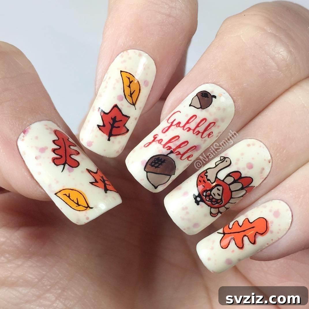 Stunning Thanksgiving Acrylic Nail Art for the Holiday Season 19 Cute and festive Thanksgiving acrylic nails featuring turkeys, leaves, and a fun 'Gobble Gobble' accent nail.