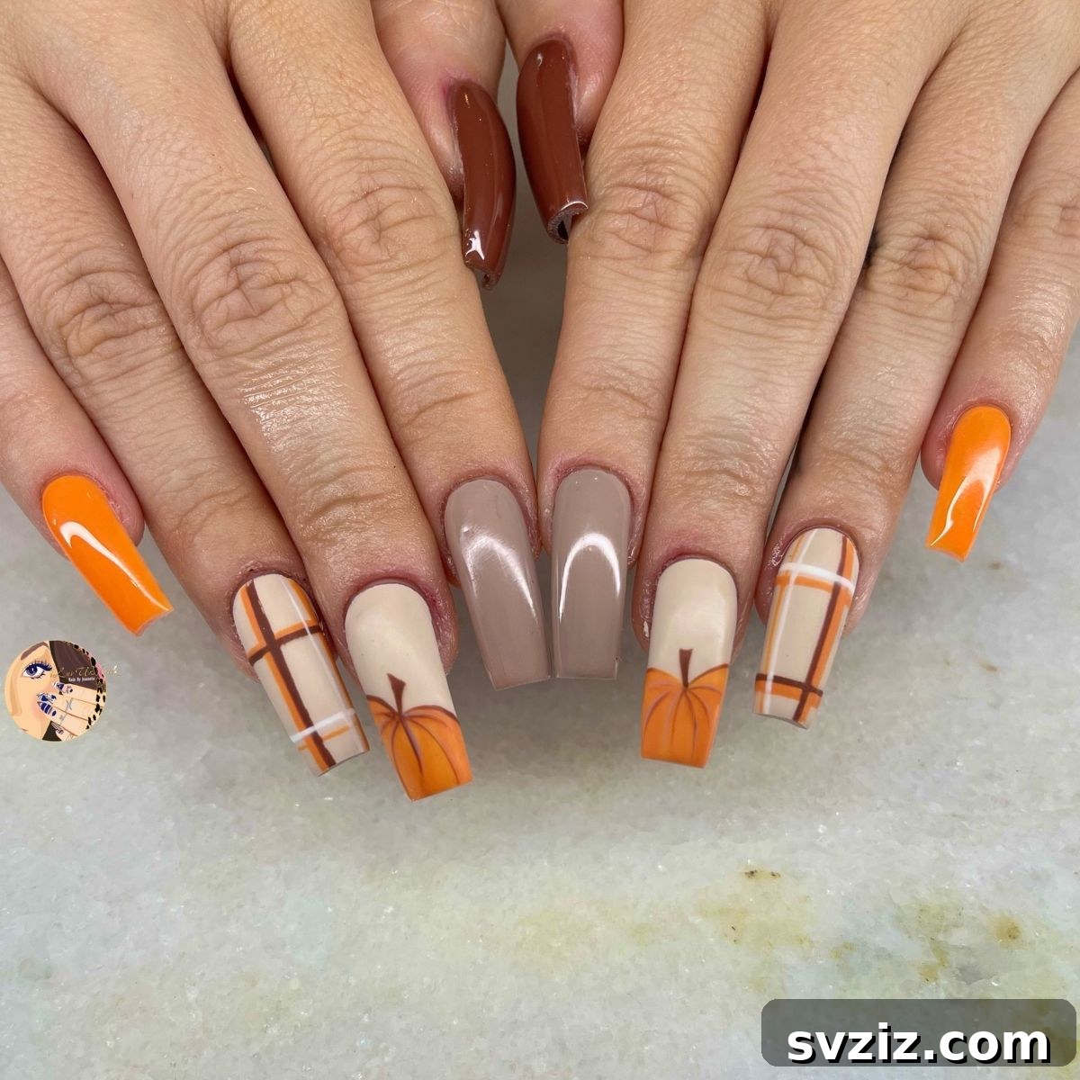 Stunning Thanksgiving Acrylic Nail Art for the Holiday Season 3 Classic Thanksgiving acrylic nails featuring rustic pumpkin designs and cozy plaid accents in warm fall colors.