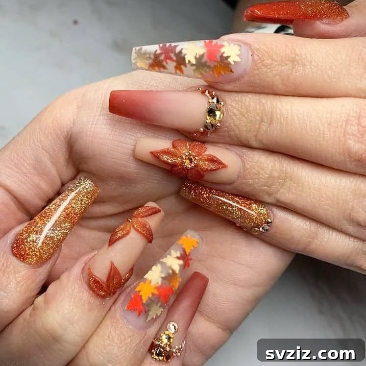 Stunning Thanksgiving Acrylic Nail Art for the Holiday Season 4 Memorable Thanksgiving acrylic nails featuring vibrant fall leaves, shimmering sparkles, and elegant glittery flower accents.