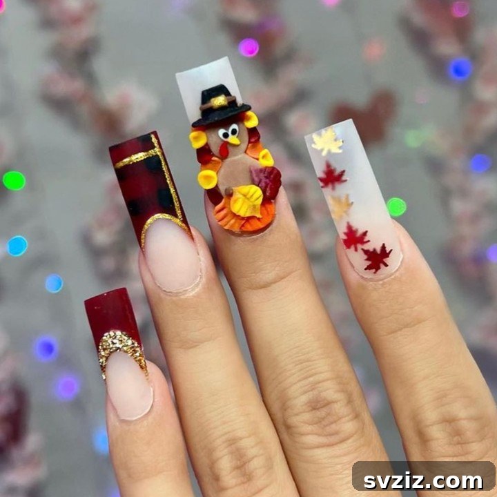 Stunning Thanksgiving Acrylic Nail Art for the Holiday Season 5 Adorable Thanksgiving acrylic nails featuring a cute oversized turkey accent, bold red, plaid, fall leaves, and gold details.