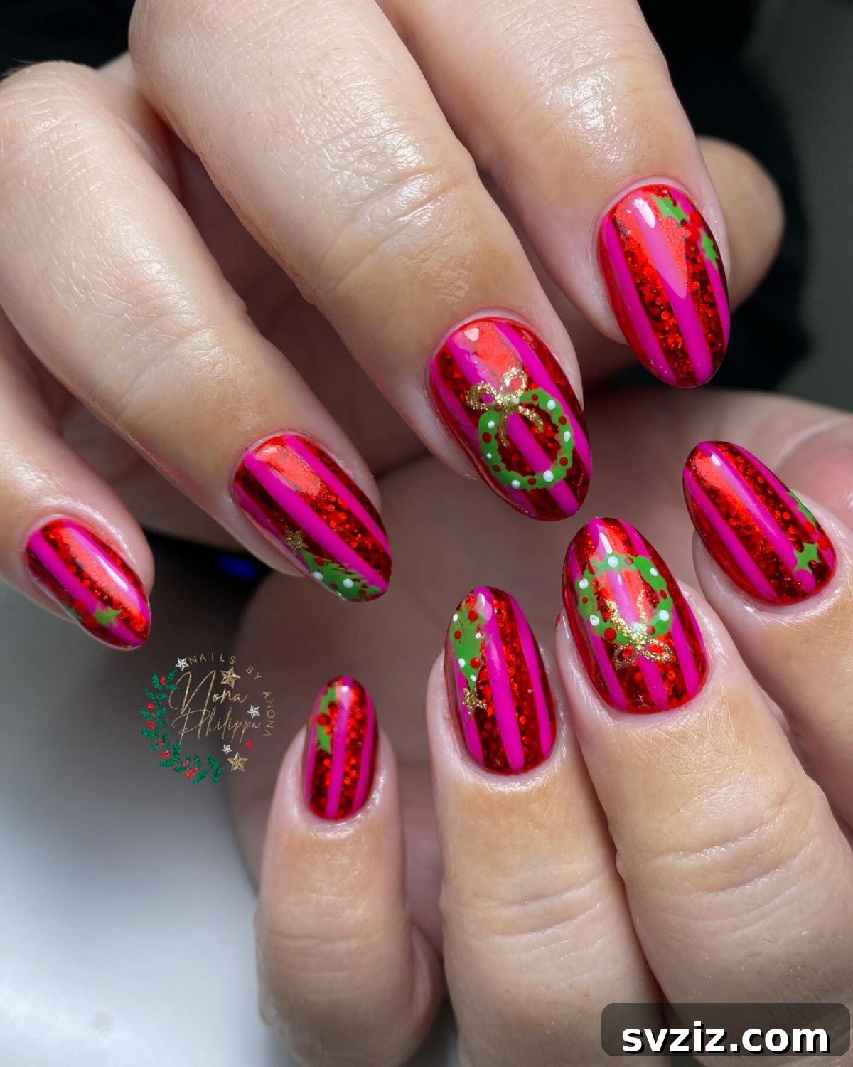 5. Glamorous Pink and Red Christmas Nails