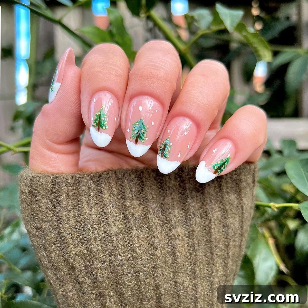 21. Classic French Tips with Christmas Tree Designs