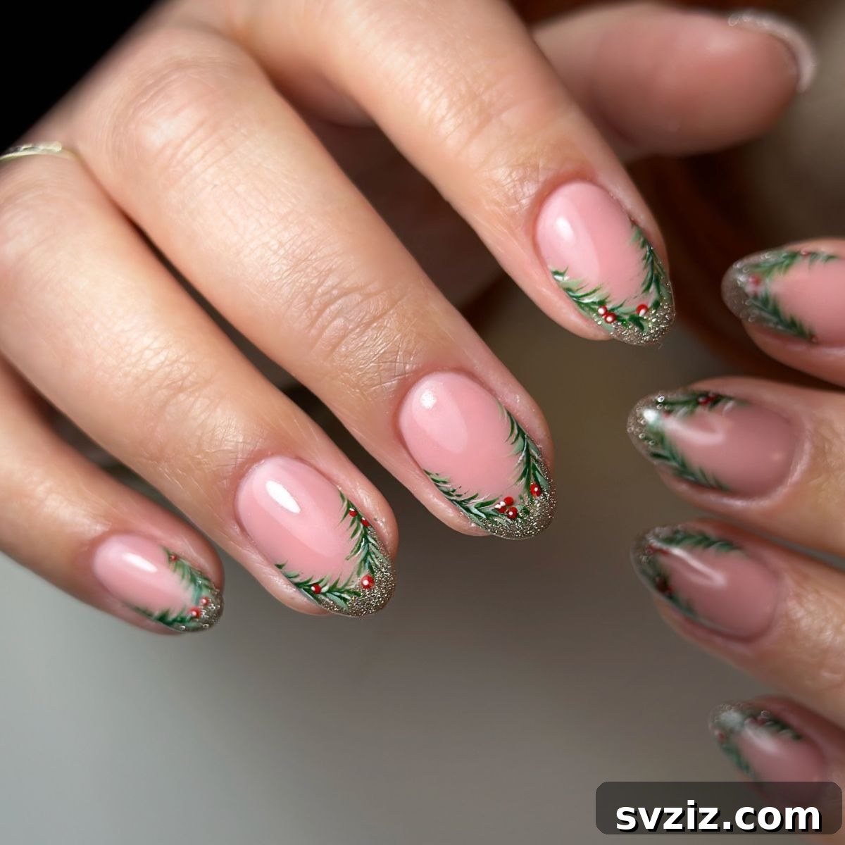 2. Glitzy Holly Jolly French Tips