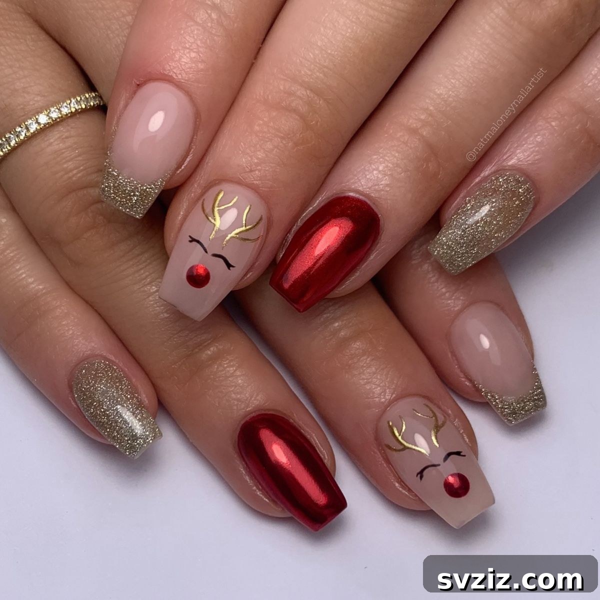Festive Red Christmas Nail Art Ideas to Inspire Your Holiday Look 7 5. Red, Gold, and Reindeer