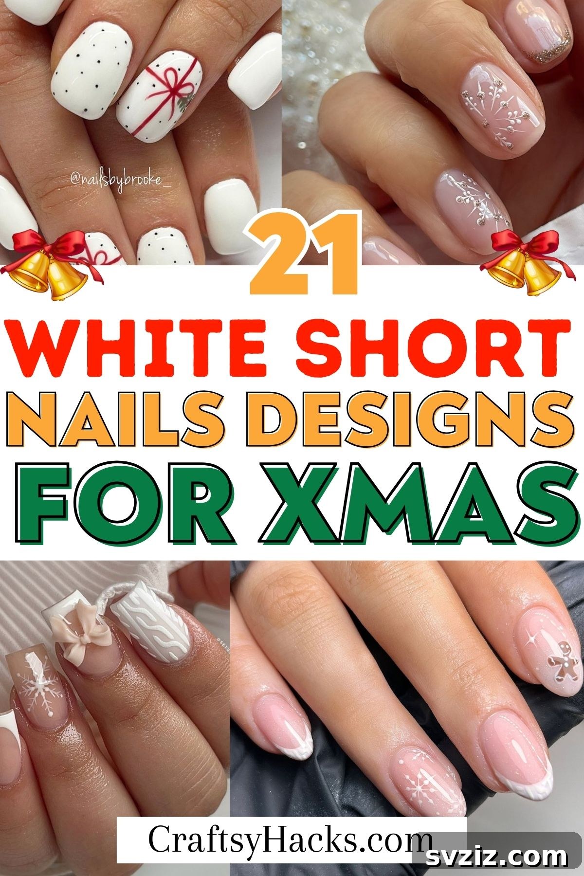 Elegant white Christmas nails for short nails, featuring glitter and classic holiday designs