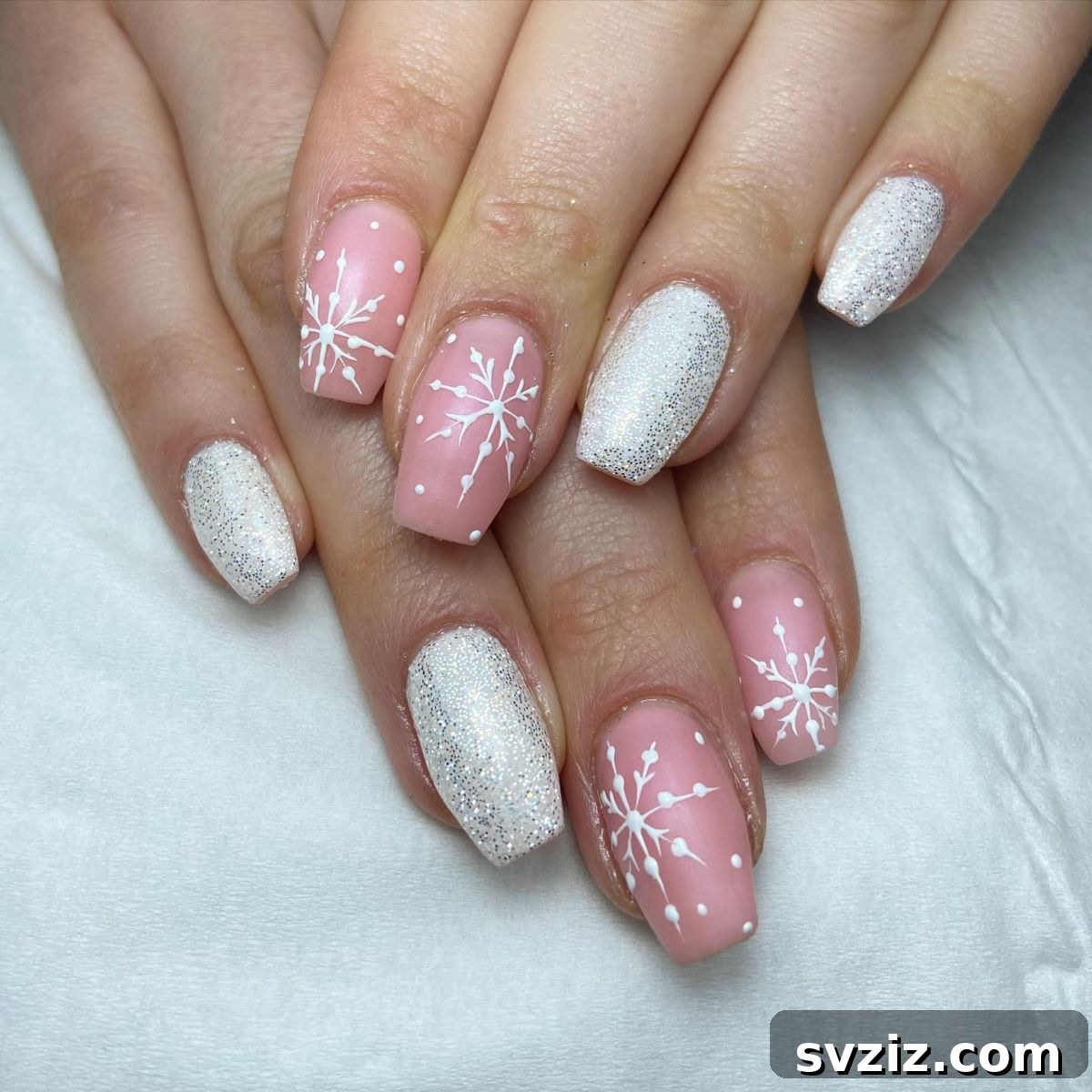 3. Nude Pink, Snowflakes, and Sparkles