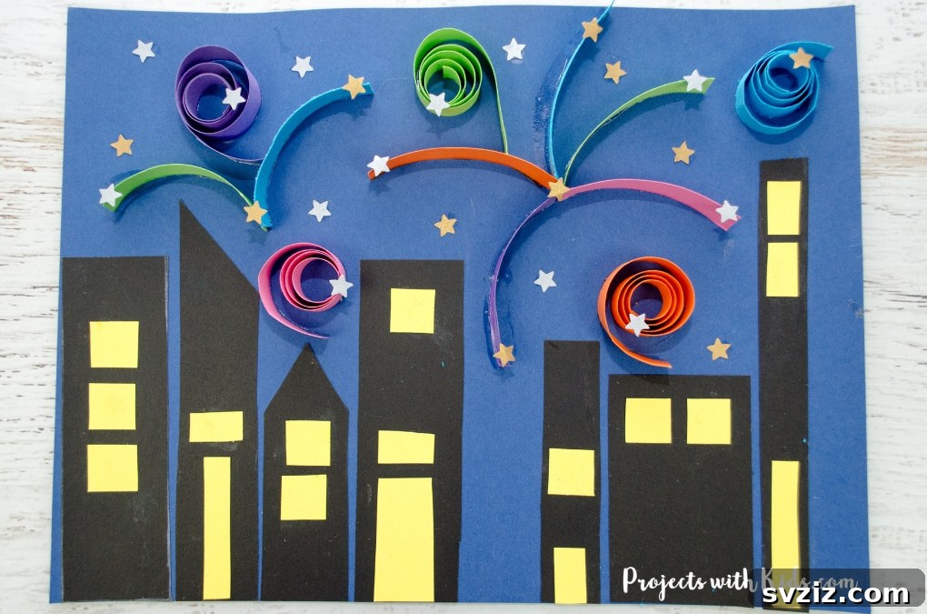 53 Paper Craft Ideas to Spark Your Imagination 40 Colorful paper fireworks craft on a dark background
