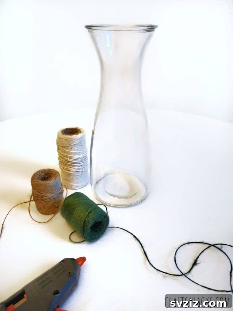 Cozy Yarn Art Vase 4 Gathering crafting supplies for yarn-wrapped vase