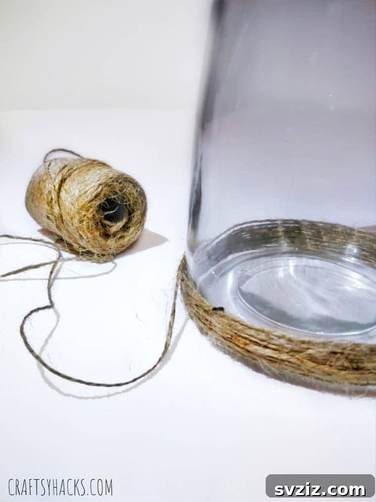 Cozy Yarn Art Vase 5 Applying jute twine to glass vase