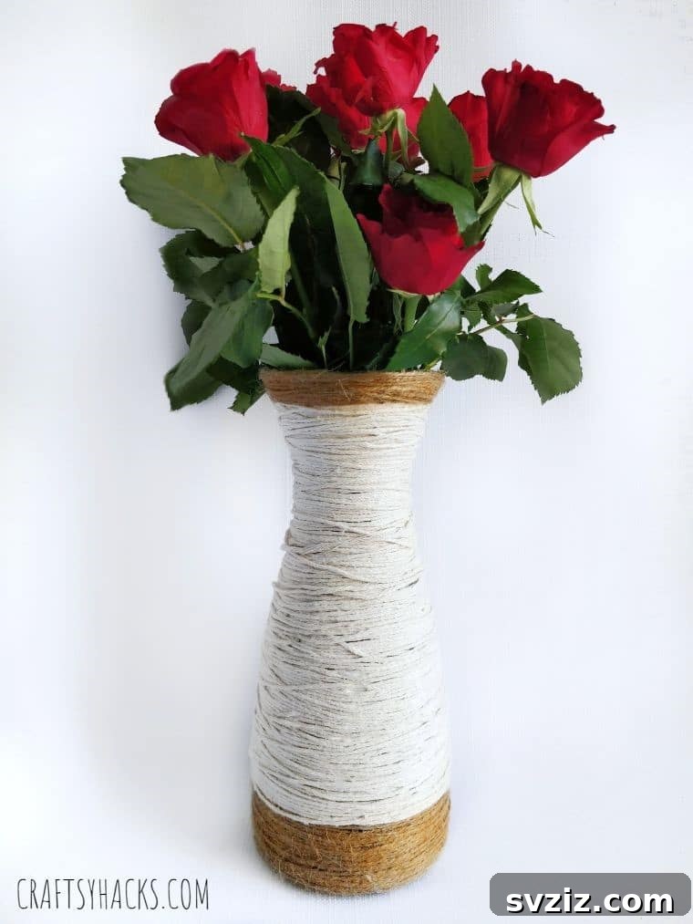 Cozy Yarn Art Vase 7 Finished twine vase with flowers