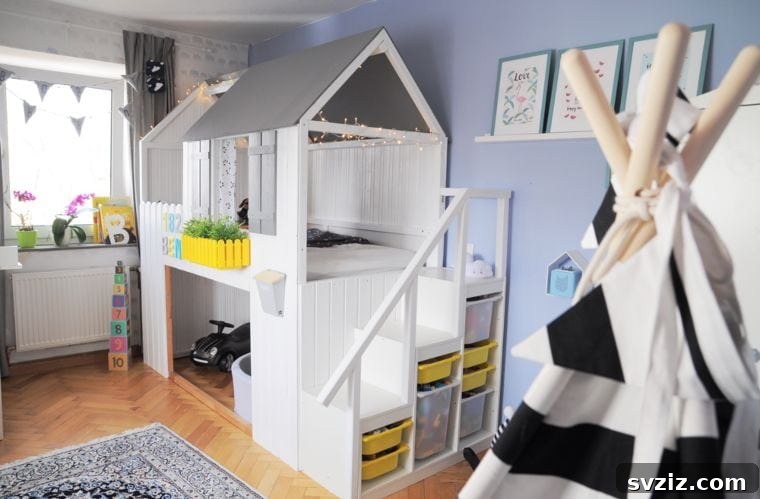 IKEA Kura bed and Trofast storage bins combined into a whimsical playhouse
