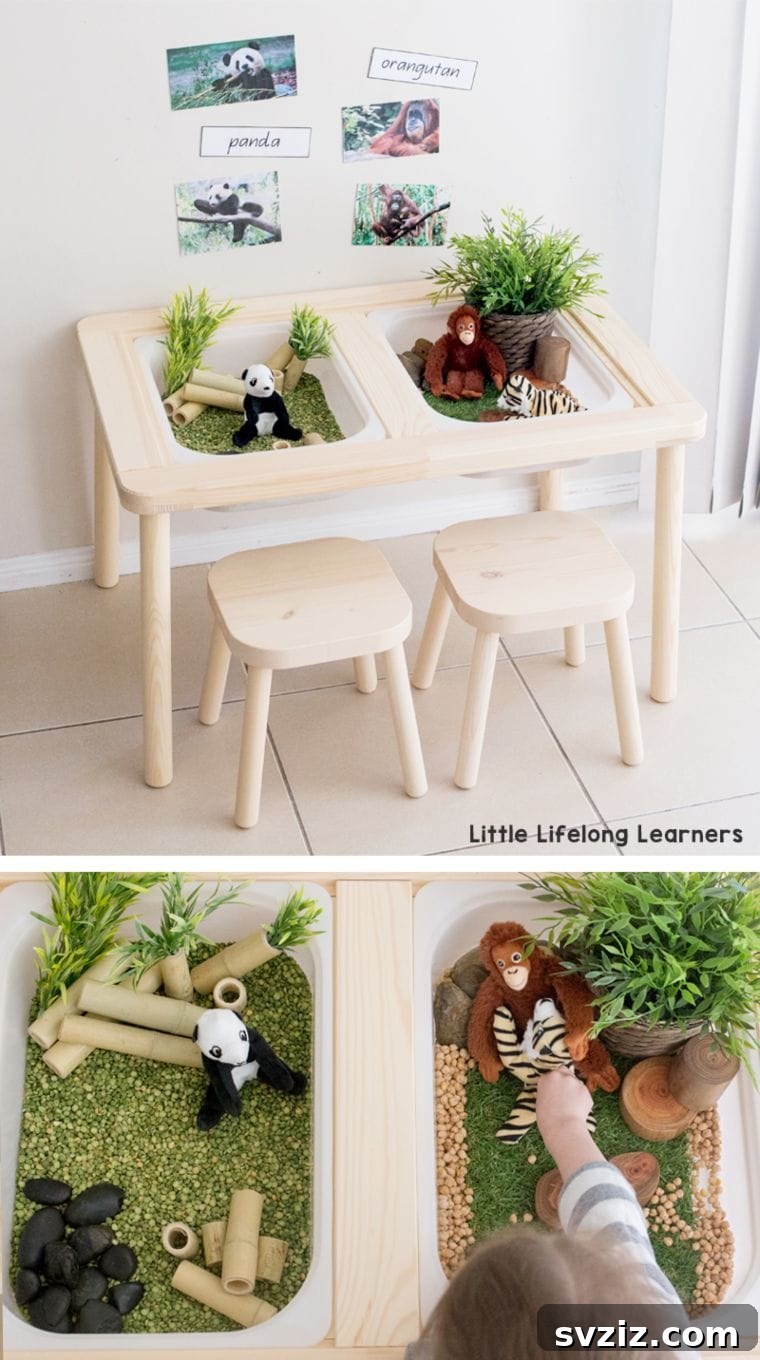 IKEA Flisat sensory table with a panda and orangutan theme