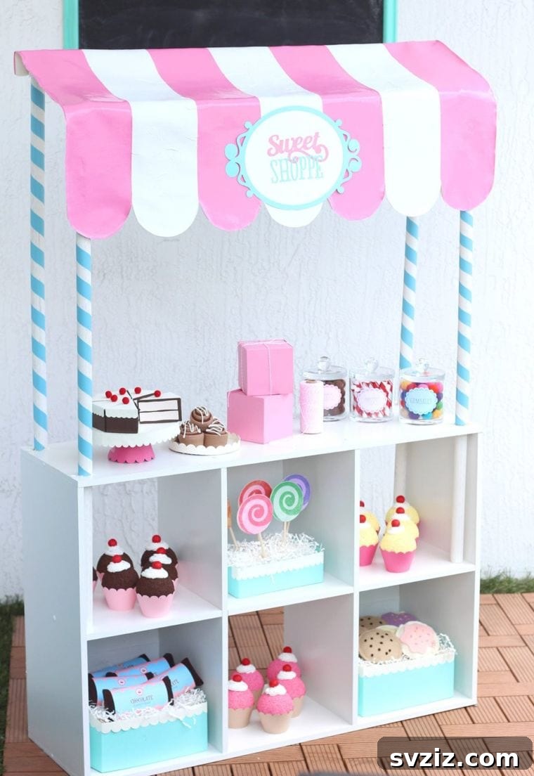 IKEA bookshelf transformed into a pretend food stall for kids