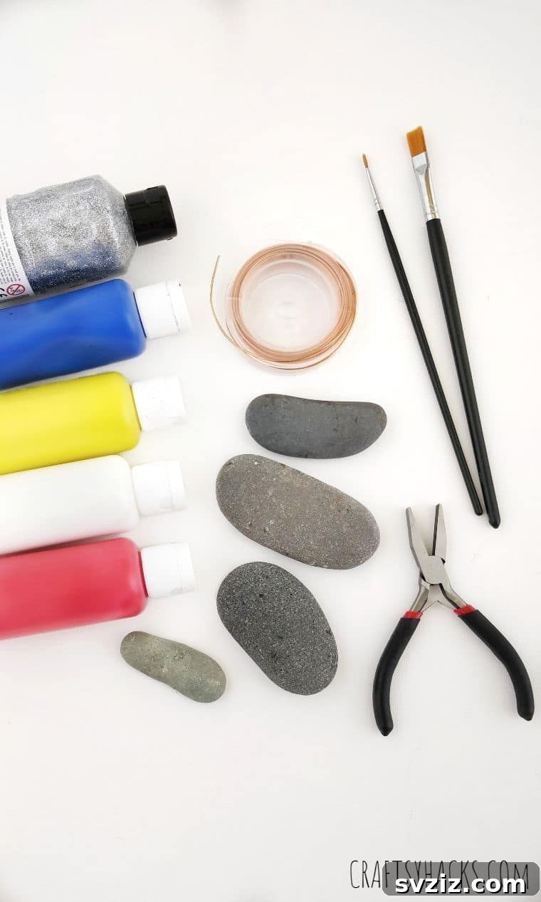 Assortment of crafting supplies for making rock photo holders