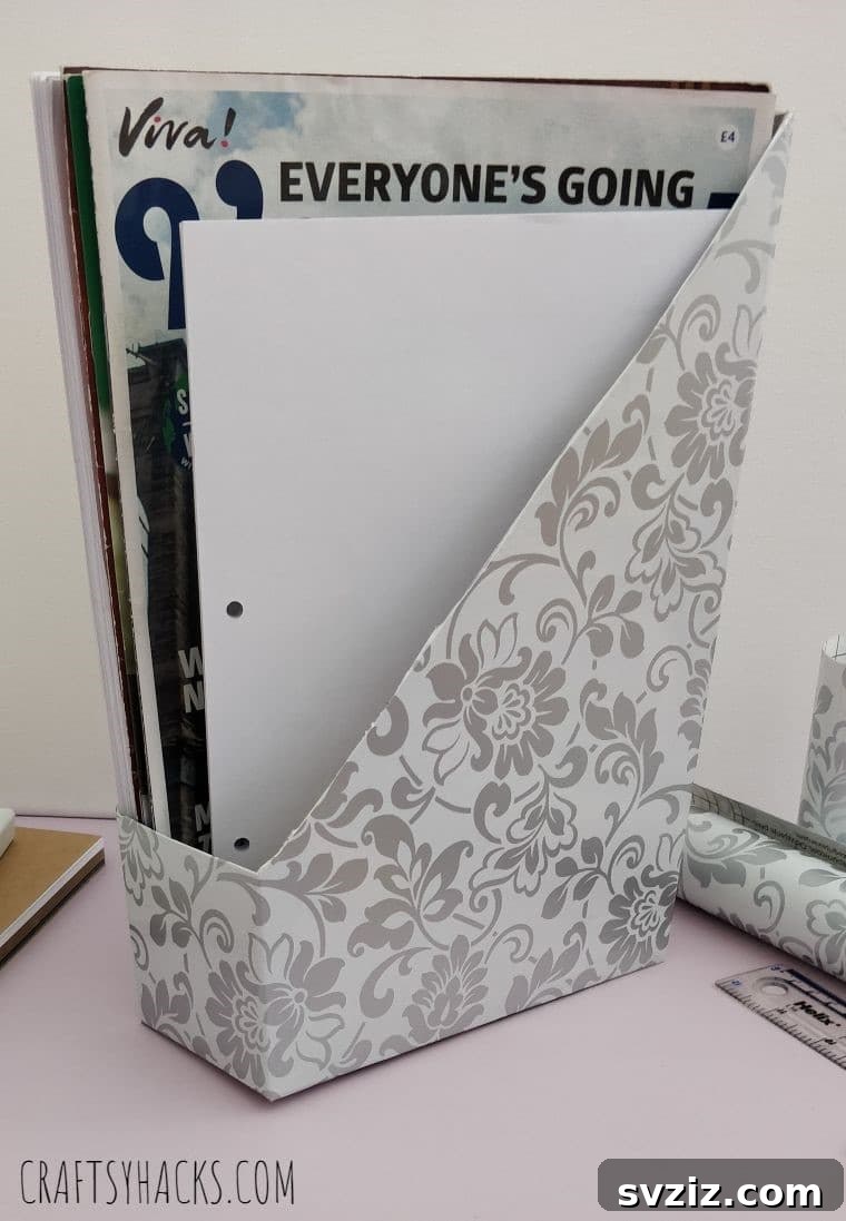Stylish DIY Desk Magazine Organizer made from a cereal box, perfect for home office decluttering
