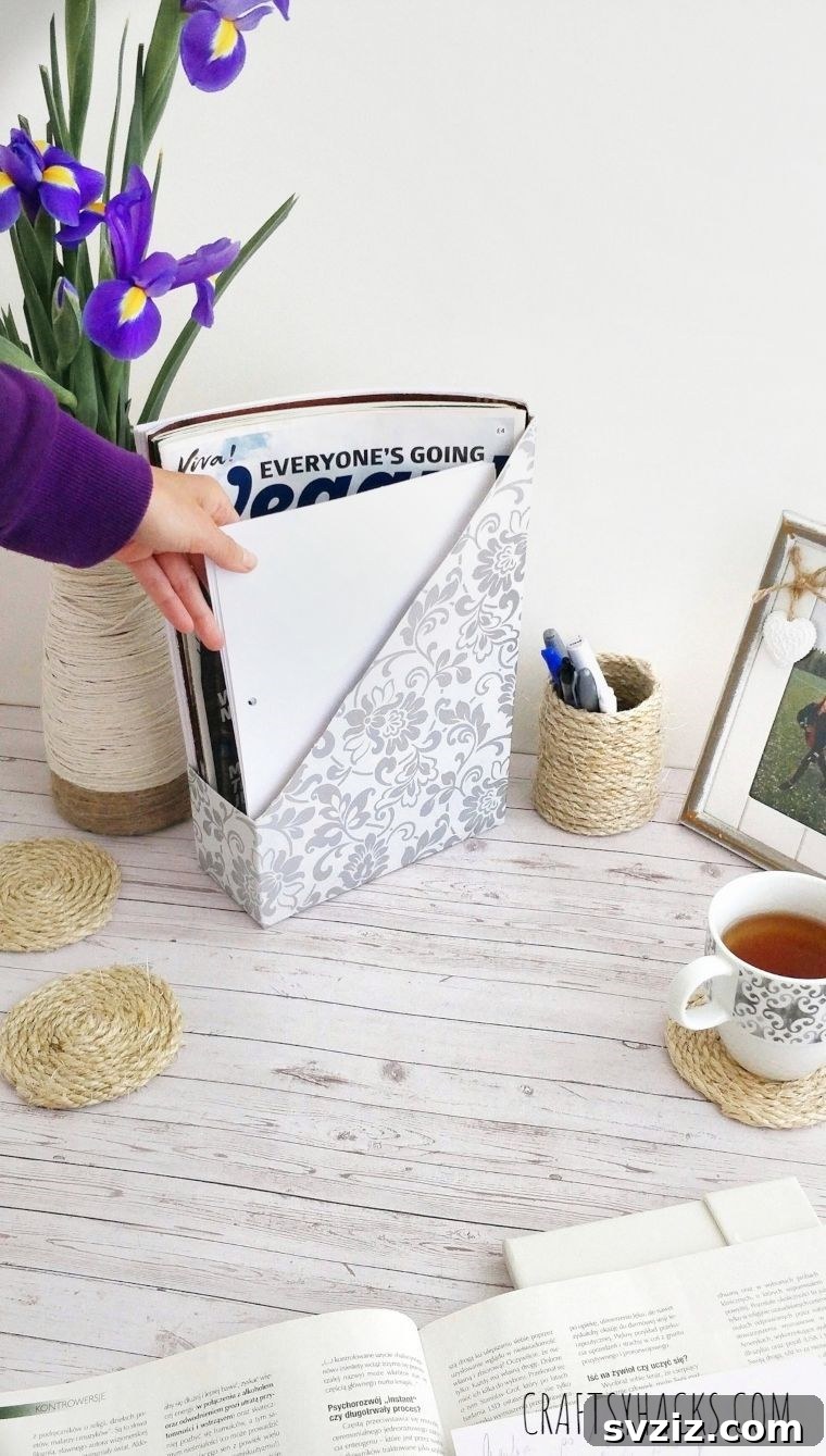 A beautifully organized desk area, highlighted by a decorative DIY magazine organizer, enhancing productivity