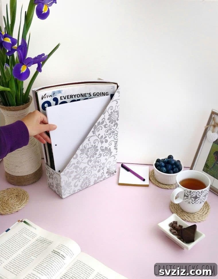 Tidy desk space featuring a practical and stylish DIY magazine organizer made from a cereal box