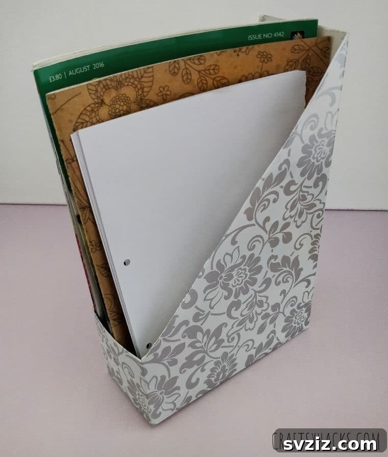 Handmade magazine holder for desk organization, demonstrating a functional home office craft