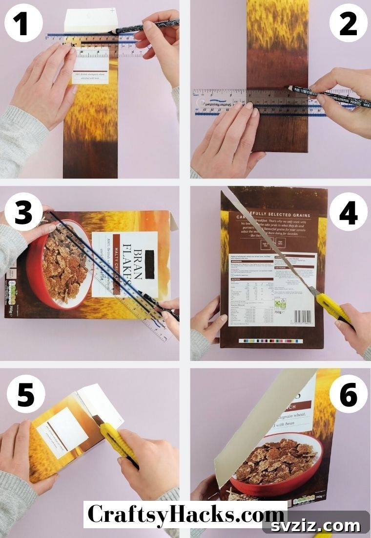 Carefully cutting out the cereal box to form the base of the DIY magazine organizer