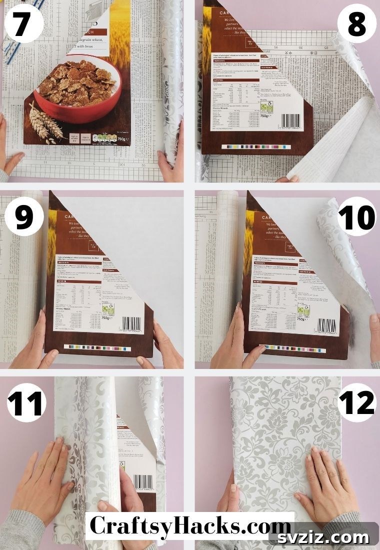 Wrapping the cereal box with adhesive paper for a decorative finish on the DIY magazine organizer