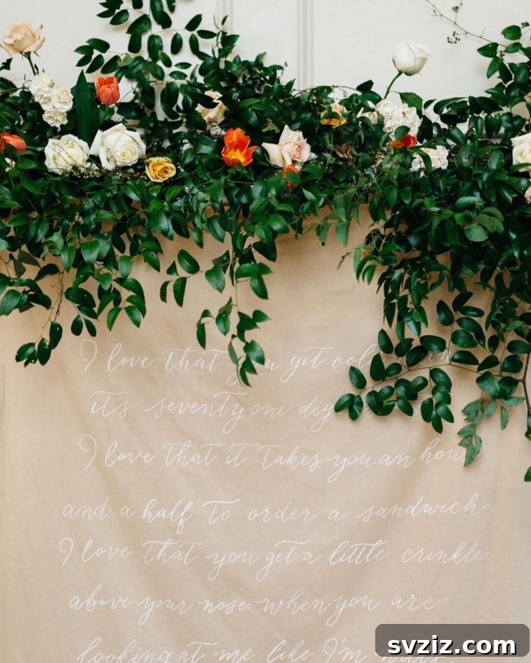 Romantic Loving Words on Fabric Backdrop with Custom Vows