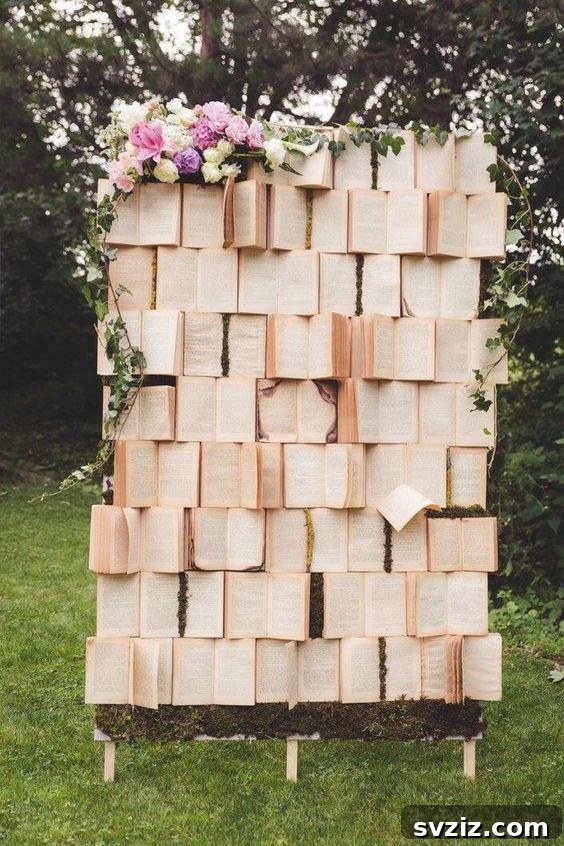 Unique Recycled Books Backdrop for a Literary Themed Wedding