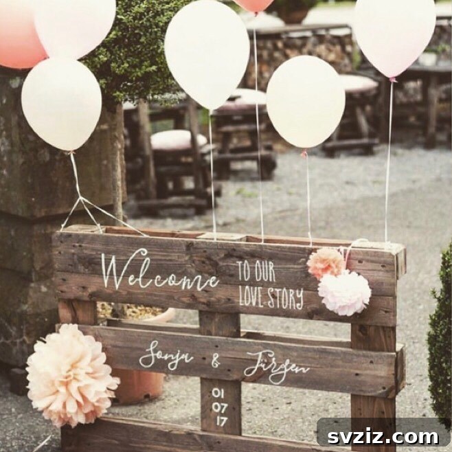 Handcrafted Wedding Signs: Unique DIY Touches for Your Big Day 7 Pallets and Balloons Welcome Sign for a Playful Wedding Vibe