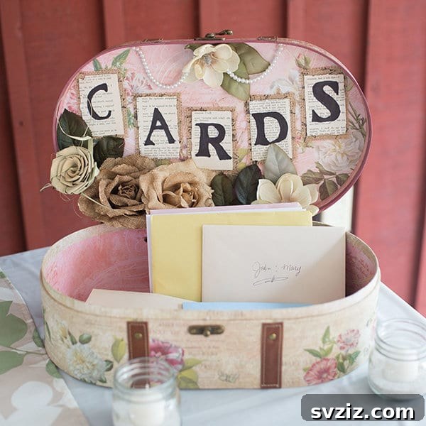 Vintage makeup box used as a wedding card holder