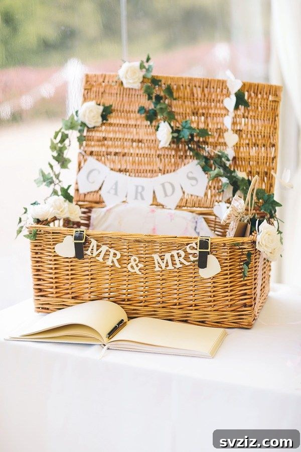 Wicker picnic basket as a wedding card holder