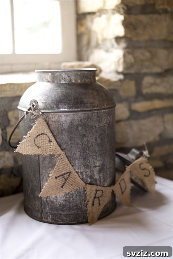 Old milk can as a rustic wedding card holder