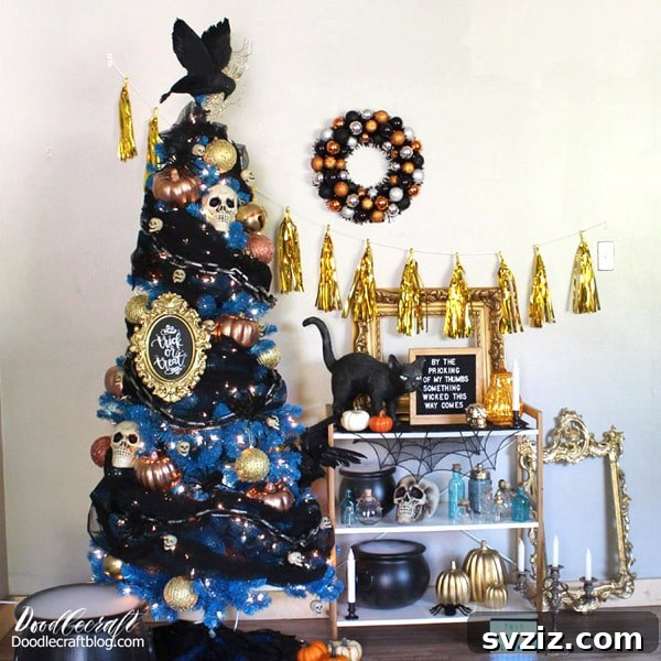 20 Spooktacular Halloween Decorating Ideas 3 DIY Halloween Tree with Black Ornaments and Crow Topper